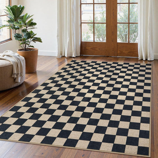 Lahome Checkered Easy Jute Outdoor Rug, 5x7 Farmhouse Rugs for Living Dining Room, Washable Non Slip Non Shedding Floor Carpet for Sunroom Mudroom Backyard Deck