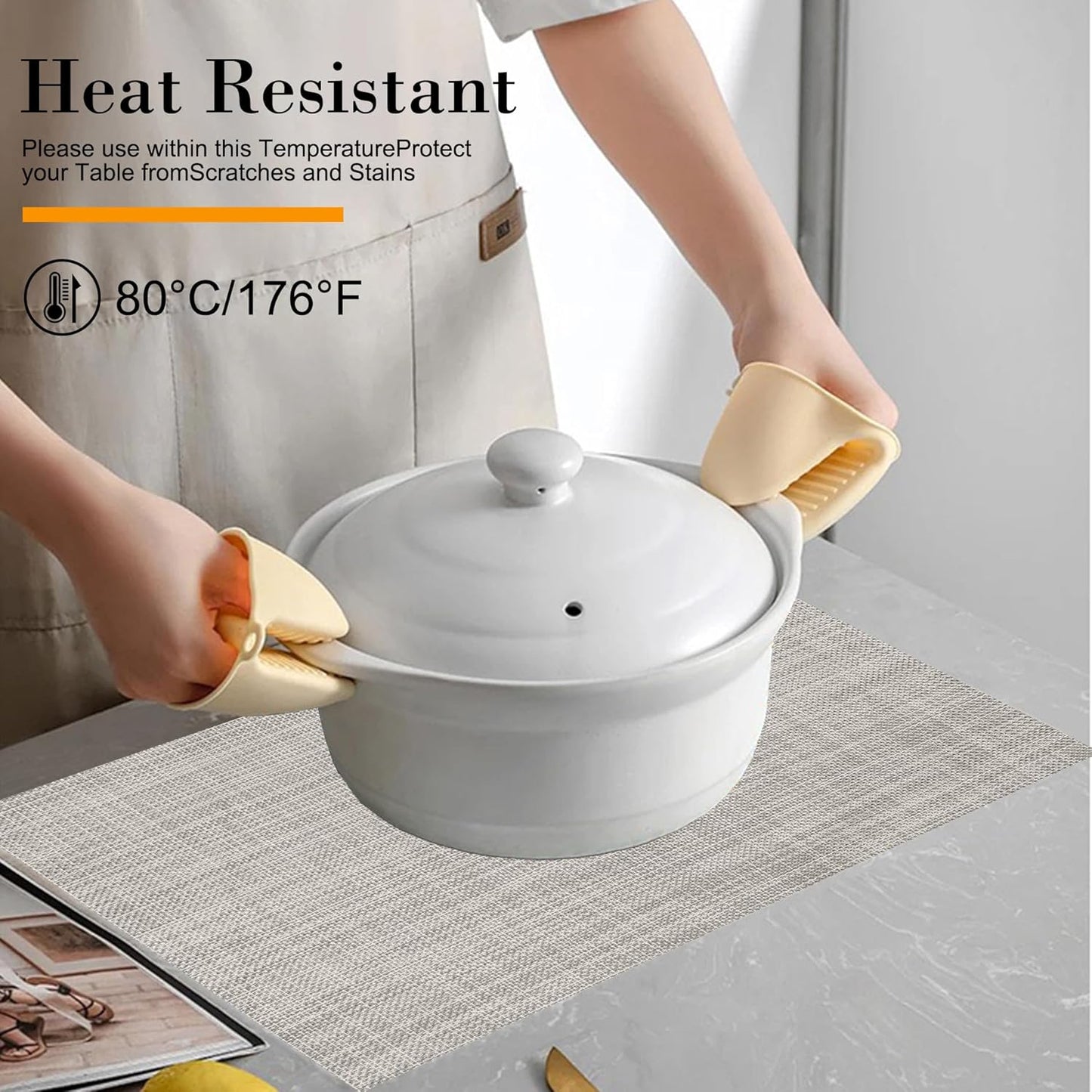 Placemats Set of 6 Washable Indoor/Outdoor Vinyl Place Mats for Dining Table Durable Non-Slip Heat Resistant PVC Weave Table Mats(Black)