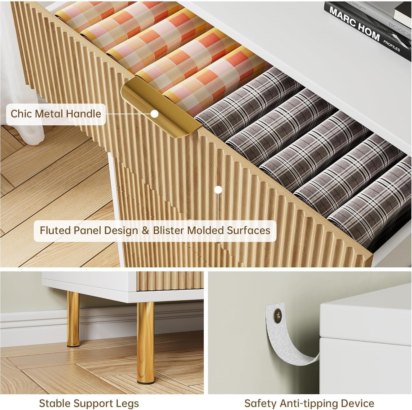 GAOMON 5 Drawer Dresser, Wood Chest of Drawers Organizer Storage with Gold Handle, Tall Storage Cabinet, Modern Design Dresser for Bedroom, Living Room, Closet, Hallway, Entryway, Natural