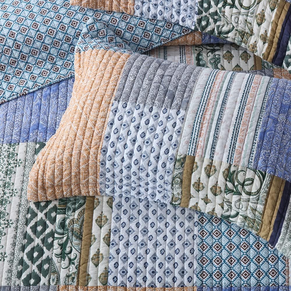 Autumn Dream Cotton Bedspread Quilt Sets Reversible Bedding Coverlet Sets Comforter, Vintage Floral Patchwork Red Blue Bedspread, King Size (Blue Bohemian Patchwork, Queen (90 by98 Inch))