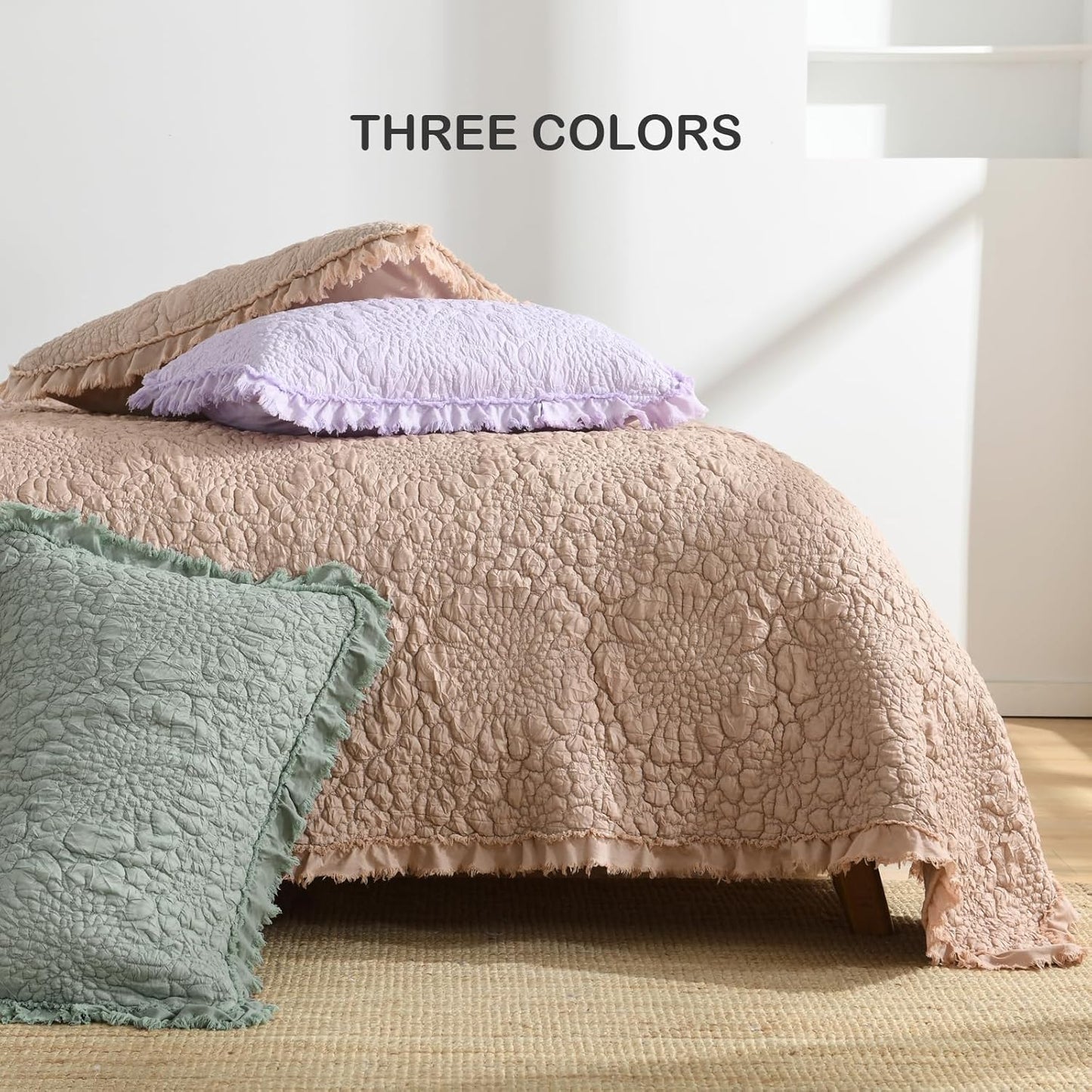 HORIMOTE HOME Sage Green Ruffled Quilt Twin Size, Stone-Washed Microfiber Lightweight Crinkled Farmhouse Rustic Shabby Chic Bedding Set, 2 Pieces Reversible Bedspread with Pillow Sham for All Season