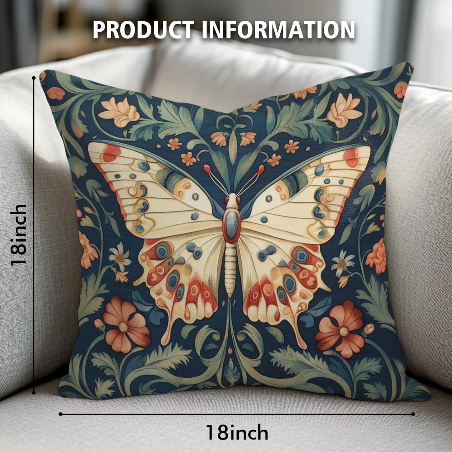 William Morris Abstract Vintage Floral Velvet Butterfly Design Throw Pillow Covers Home Decor, Retro Art Deco Pillowcase Cushion Cover for Bed Sofa Living Room, Square 18x18inch (Beige-Butterfly)