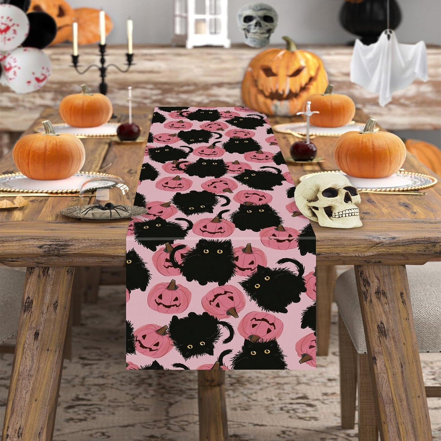 Halloween Table Runner Black Cat Pink Pumpkins Seasonal Kitchen Dining Table Home Outdoor Party Decorations 13x90 Inch