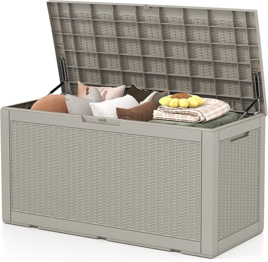 100 Gallon Deck Box Outdoor Waterproof, Rattan Outdoor Storage Box, Patio Storage Boxes for Cushions, Pillow, Garden Tools, Equipment