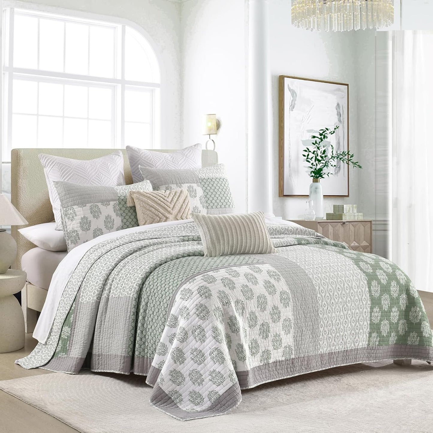 PANGUSHAN Quilt Set King Size, 100% Cotton Bedspread Quilt Bedding Set, Patchwork Reversible Floral Quilt for King Bed, Greyish-Greens Bed Spread, Lightweight Comforter for All Season, 3 Pieces