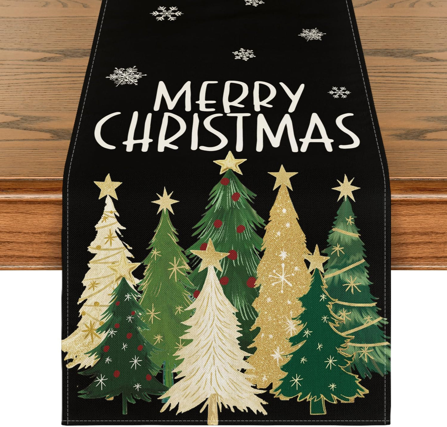 Artoid Mode Xmas Trees Snowflakes Black Merry Christmas Table Runner, Winter Seasonal Kitchen Dining Table Decoration for Home Party Decor 13x108 Inch