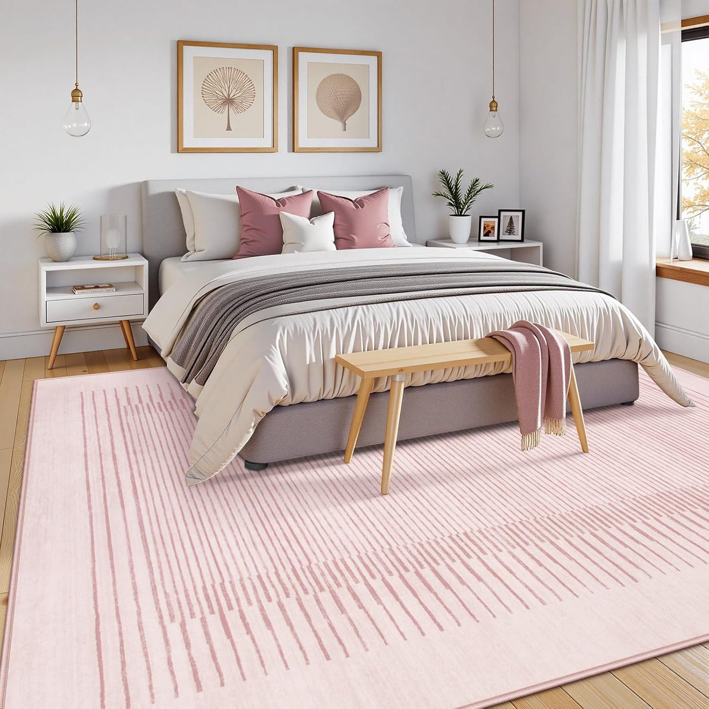Wonnitar Washable Pink Striped Rug for Bedroom 8x10, Non-Slip Living Room Area Rug, Minimalist Berber Stripe Area Rug, Soft Floor Carpet for Nursery Playroom Closet (Pink, 8' x 10')