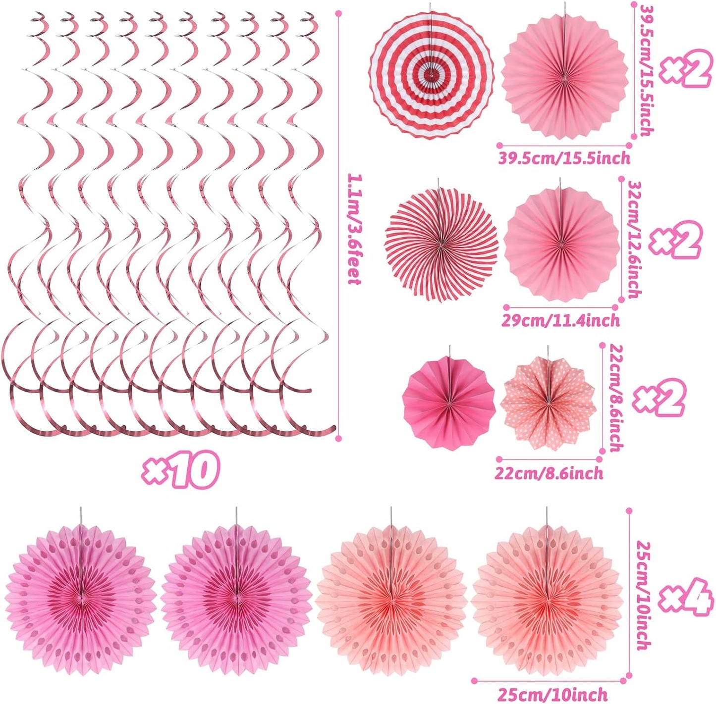 Pink Party Decorations, Easy Assembly Paper Fan Honeycomb Ball Garland Hanging Swirl Rose Red Party Supplies for Girl Women Birthday Bridal Shower Baby Shower Party Decorations
