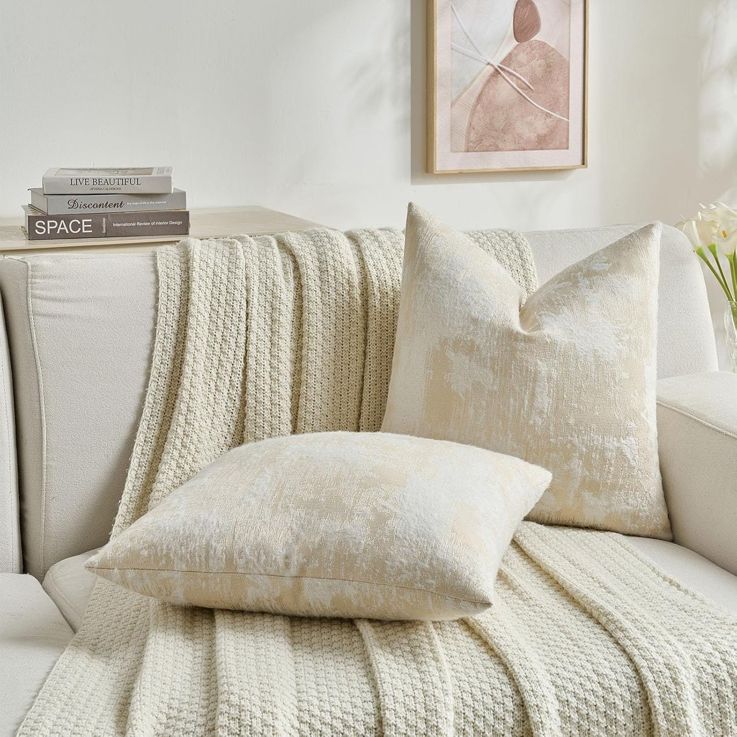 FUTEI Yellow White Decorative Throw Pillow Covers 24x24 Inch Set of 2,Soft Faux Cashmere Jacquard - Textured & Cozy Euro Pillow Shams,Modern Home Decor for Couch Bed Living Room