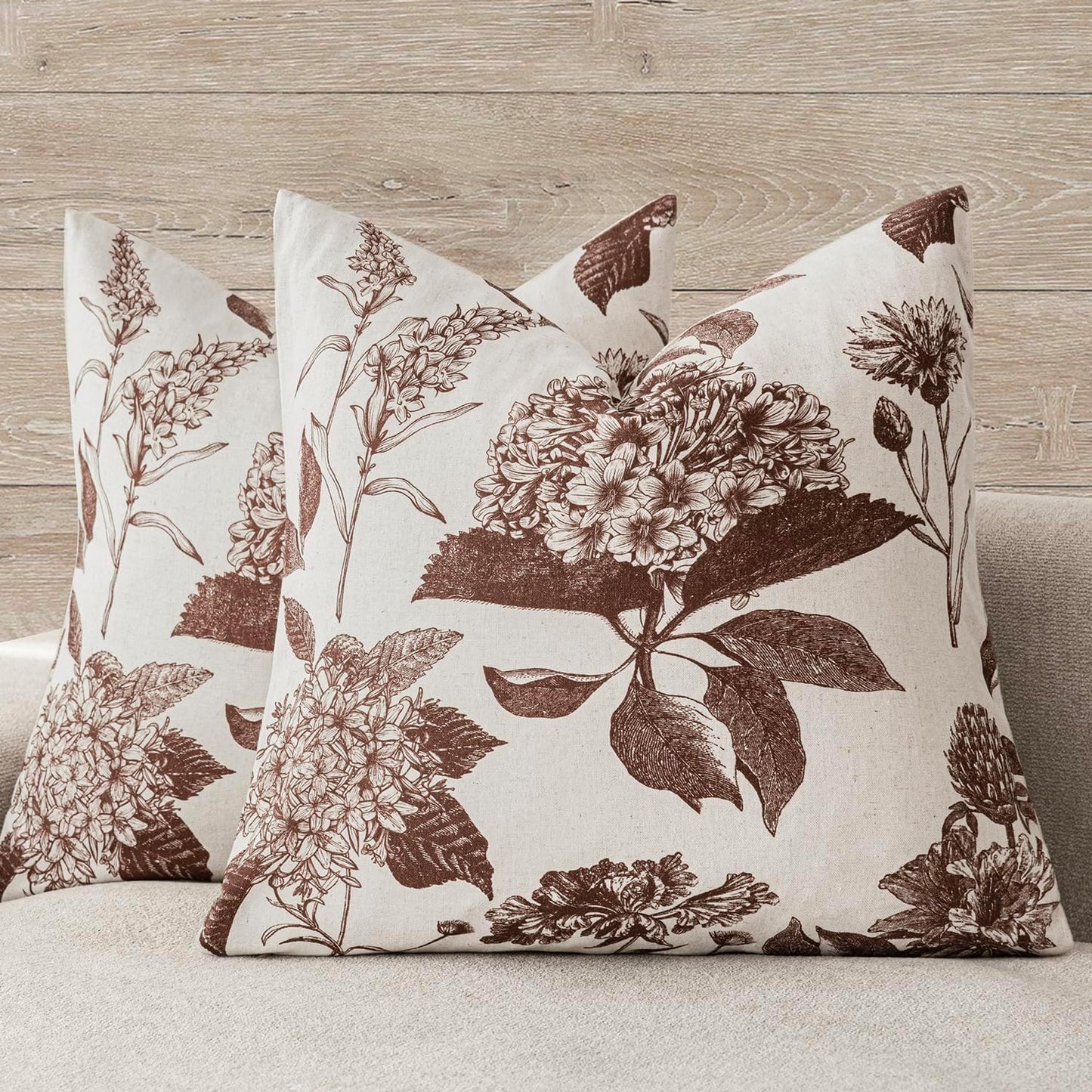 Foindtower Set of 2 Linen Floral Throw Pillow Covers Vintage Accent Print Decorative Cushion Covers Farmhouse Boho Home Decor for Sofa Chair Couch Bedroom Living Room Outdoor,22×22 Inch,Dark Brown