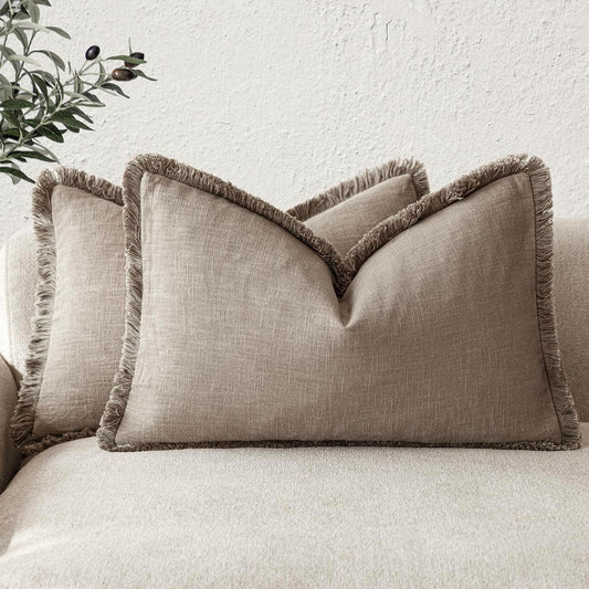 Foindtower Set of 2 Decorative Linen Fringe Lumbar Throw Pillow Covers Boho Farmhouse Cushion Cover with Tassels Soft Accent Pillowcase for Couch Sofa Bed Living Room Home Decor,12×24 Inch,Brown Tan