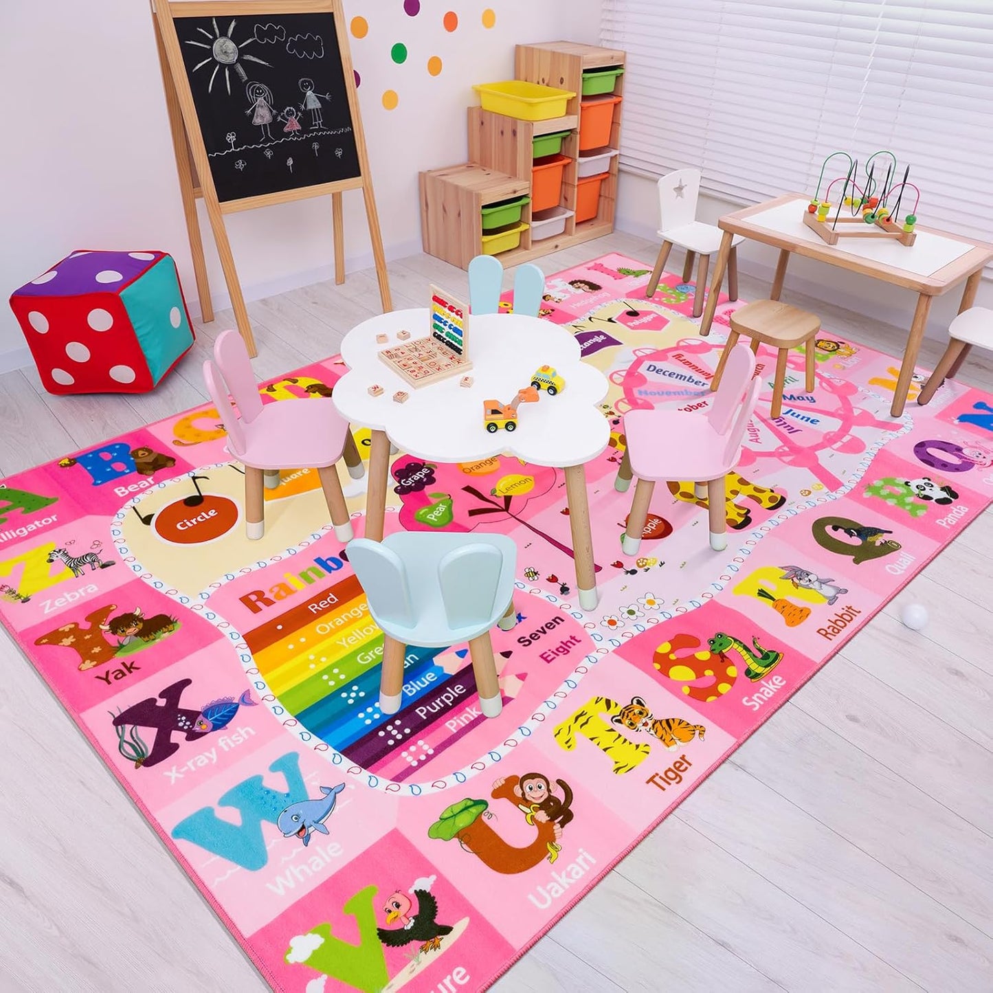 Kids Rugs for Playroom Bedroom Classroom Nursery, Non-Slip and Washable Rugs for Children Toddlers Girls, Educational and Fun Rug Carpets with ABC Alphabet Animals Shapes, 5x7, Pink