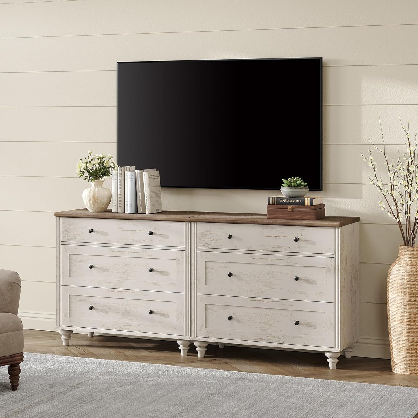 WAMPAT Kids Dresser for Bedroom with 6 Drawers, Baby Dressers with Wide Chest of Drawers, Farmhouse Wooden Closet Storage Organizer, Large Wood Dressers for Living Room, Nursery, Hallway, Rustic White