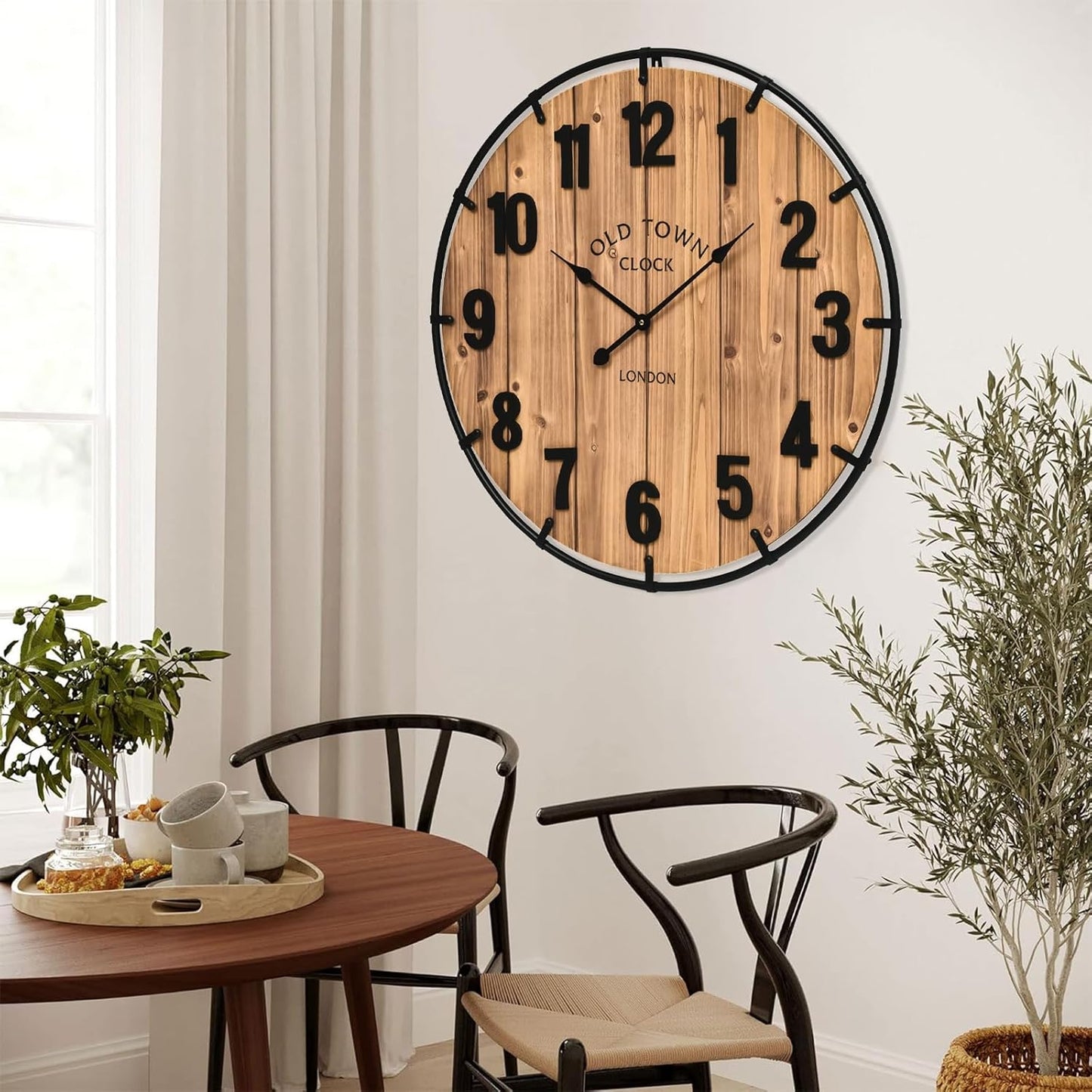 Large Old Town Farmhouse Wall Clock 30 Inches Rustic Antique Wood with Metal Circle and Large Numerals Silent Battery Operated Wall Clock for Office Kitchen Bedroom Living Room