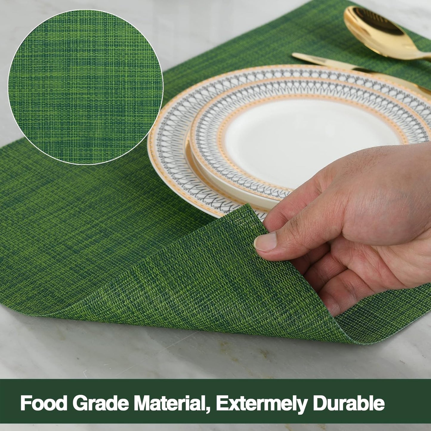 Green Placemats Set of 8 - Wipe Clean Vinyl Placemats - Washable Heat Resistant PVC Placemats for Dining Table - 17x12 Inch (Green, 8)
