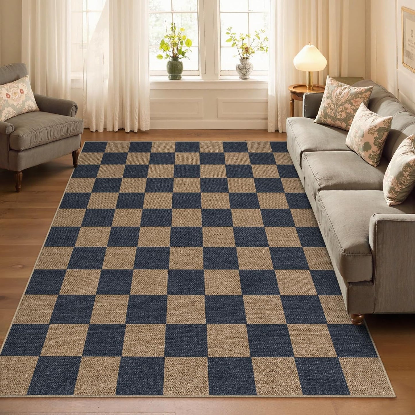 Lahome Checkered Easy Jute Living Room Rugs, 5x7 Dining Room Office Rug Farmhouse Outdoor Patio Carpet, Checkerboard Washable Non Slip Indoor Outdoor Blue Carpet for Backyard Entry Deck