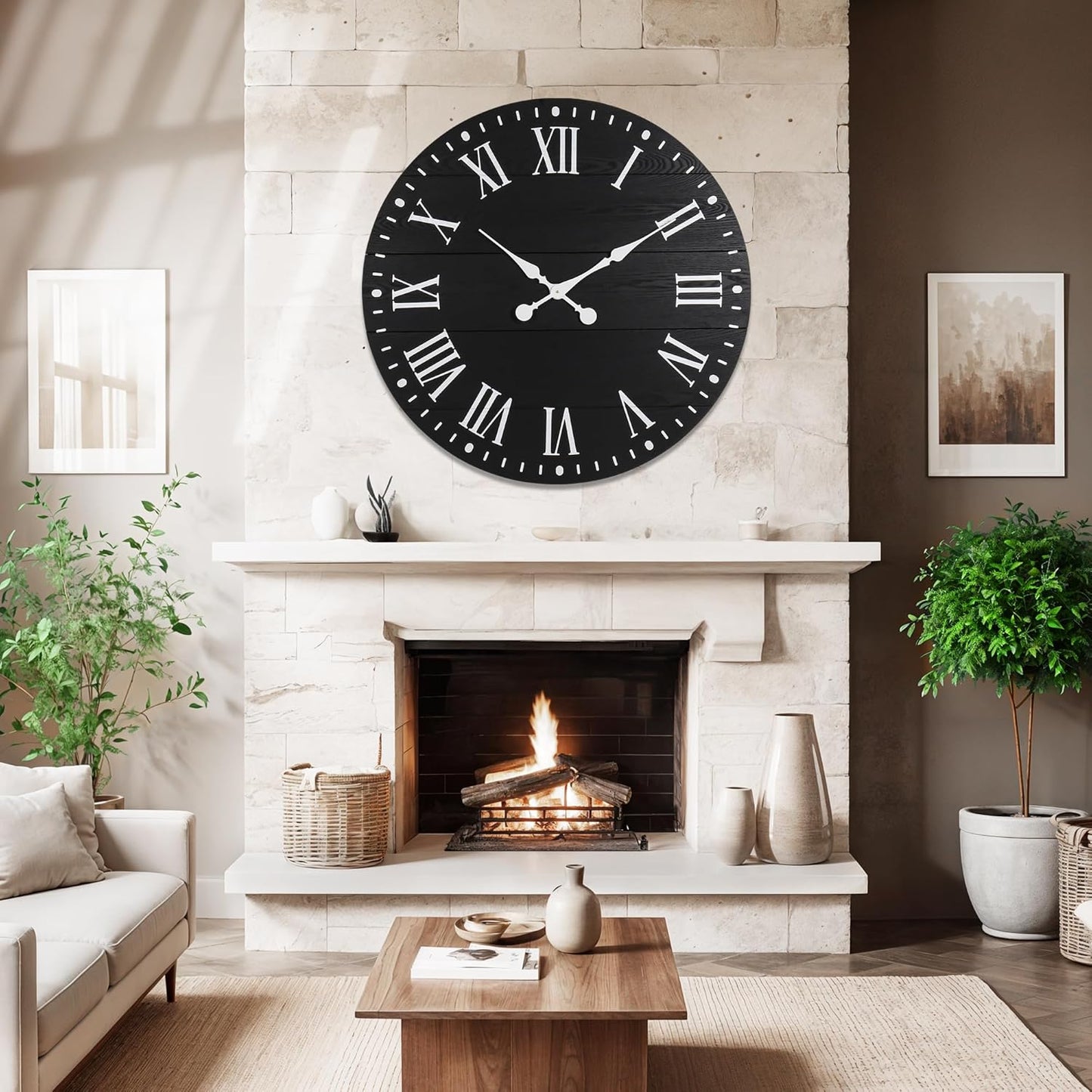 Large Wall Clock with Roman Numeral, 35” Shiplap Wall Clock Farmhouse Nearly Non-Ticking, Round Clock for Living Room Decor, Office, Bedroom, Entrance, Black