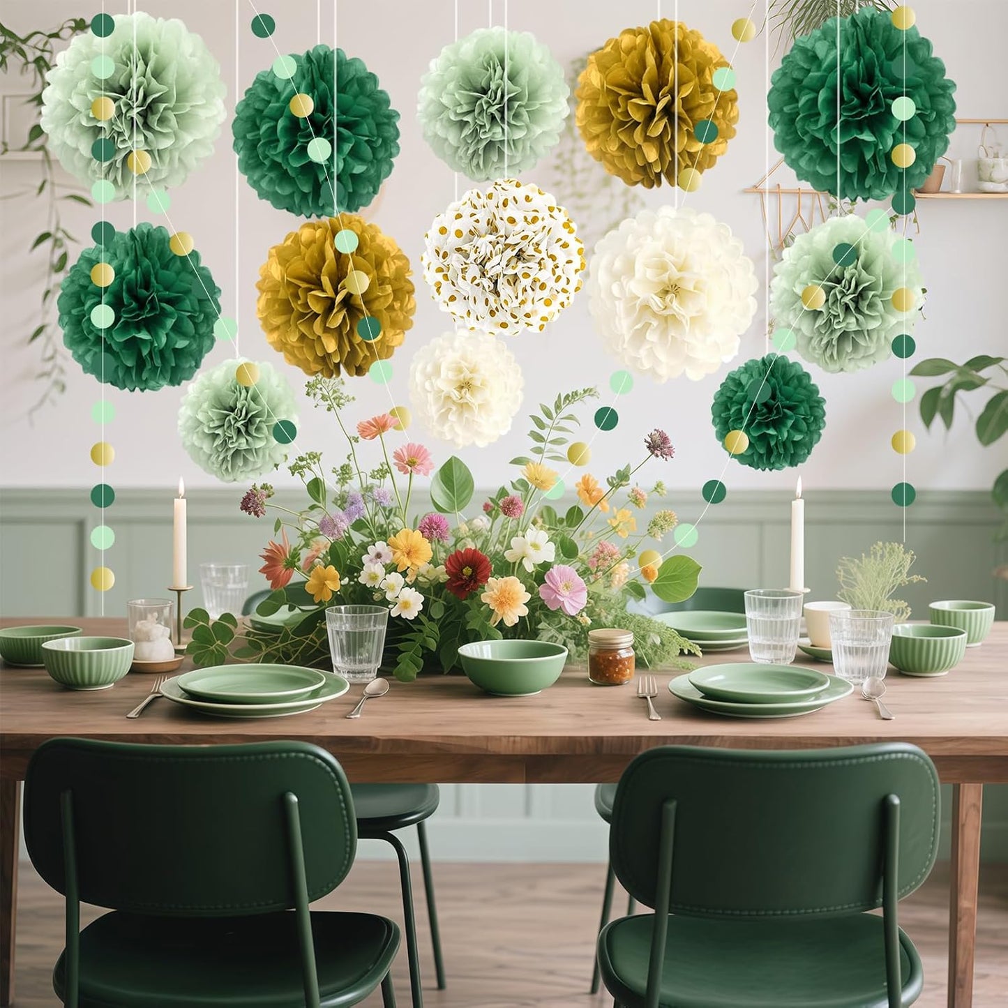 Green Wedding Party Decorations Set, 16 PCS Tissue Paper Pom Poms, Dots Paper Garland for Engagement, Green Boho Wedding, St. Patrick's Day Party, Baby Shower Party Decor