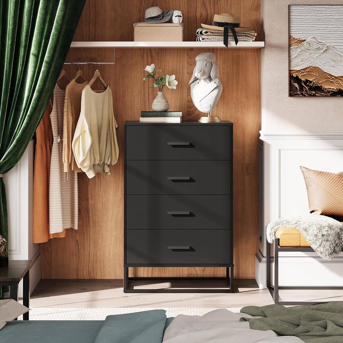 WLIVE Black Dresser for Bedroom with 4 Drawers, Tall Wood Dresser with Sturdy Metal Frame, Wooden Chest of Drawers for Hallway, Living Room, Closet