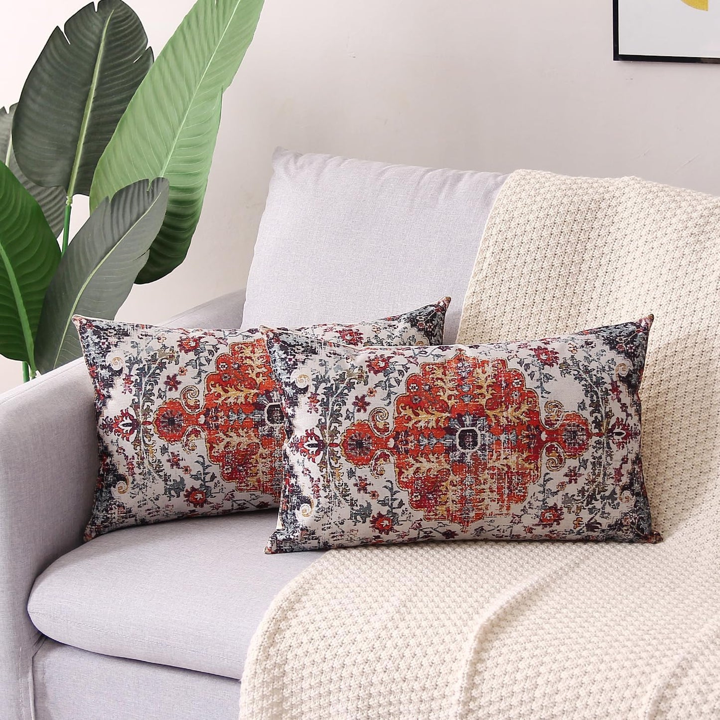 Outdoor Waterproof Pillow Set of 2 - 12X20 Inch Bohemian Vintage Carpet Pattern, Blue & Burnt Orange, Ethnic Design, Decorative Farmhouse Pillow Covers for Couch, Garden, Balcony