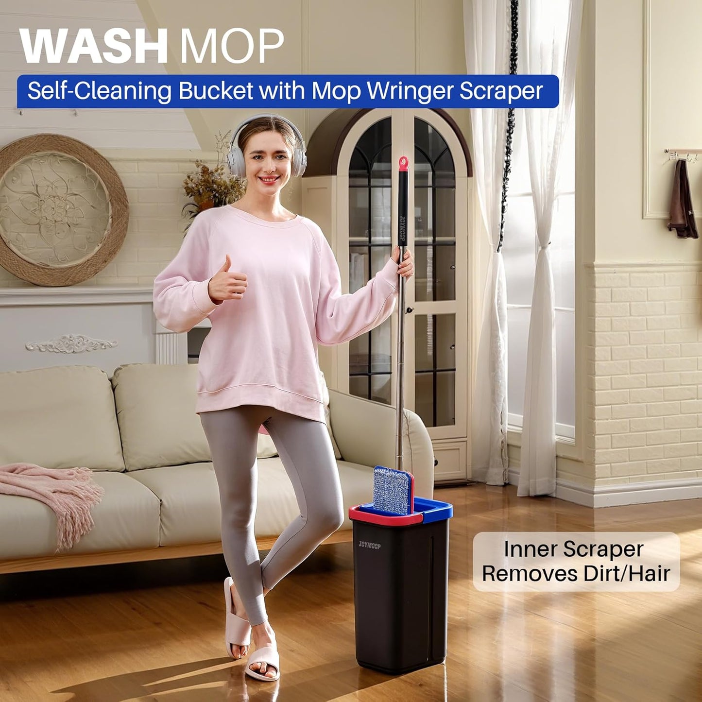 JOYMOOP Mop and Bucket Set for Home, Hands-Free Self-Cleaning System, with 3 Reusable Microfiber Mop Pads, Suitable for Floor Cleaning and Wall Cleaner - Black+Red+Slate Blue