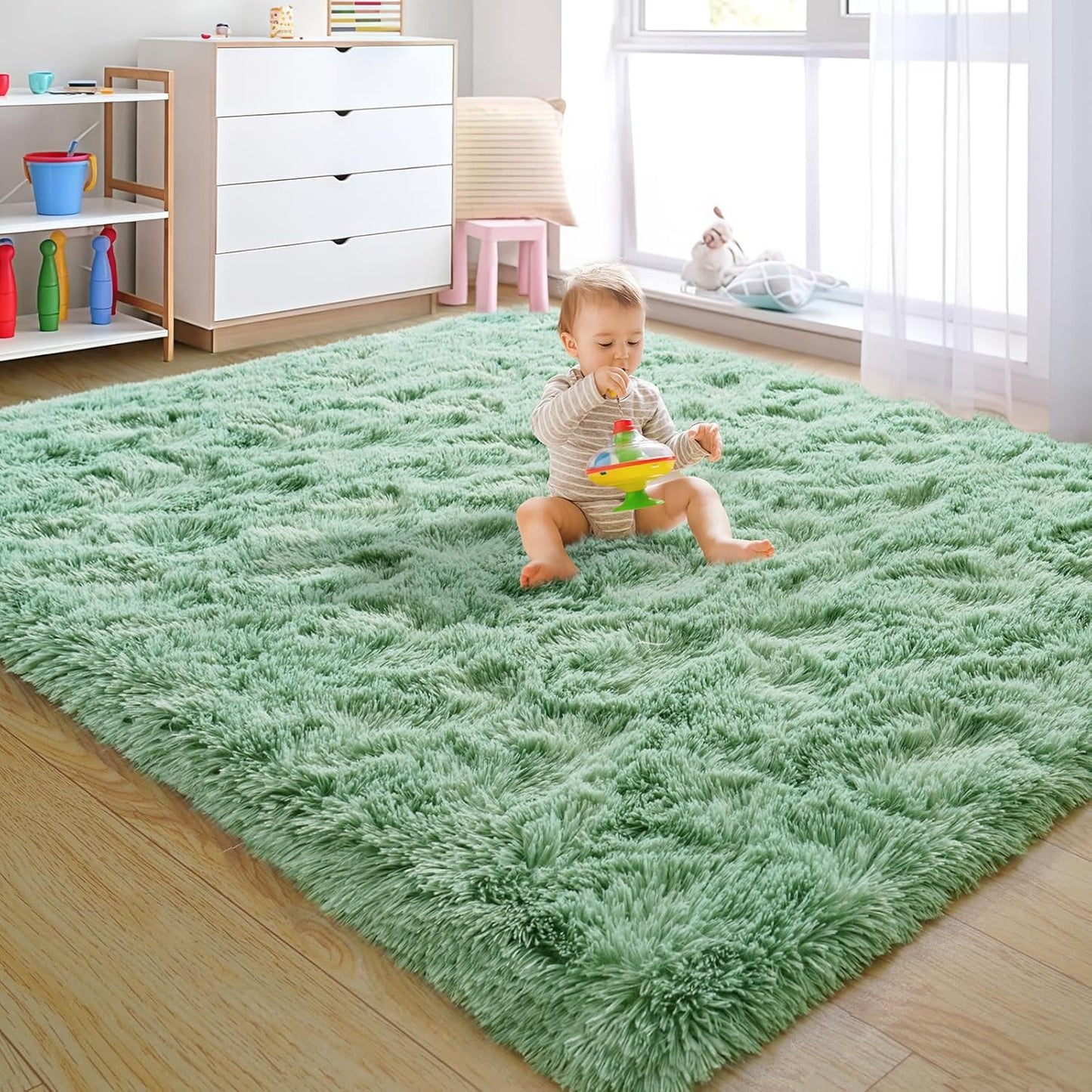 Rezutan Fluffy Rug for Living Room Bedroom, Large Comfy Modern Shaggy Fuzzy Kids, Plush Indoor Nursery Classroom Home Decor Bedside Rug with Non-Slip Bottom, Sage Green, 5X7 Feet