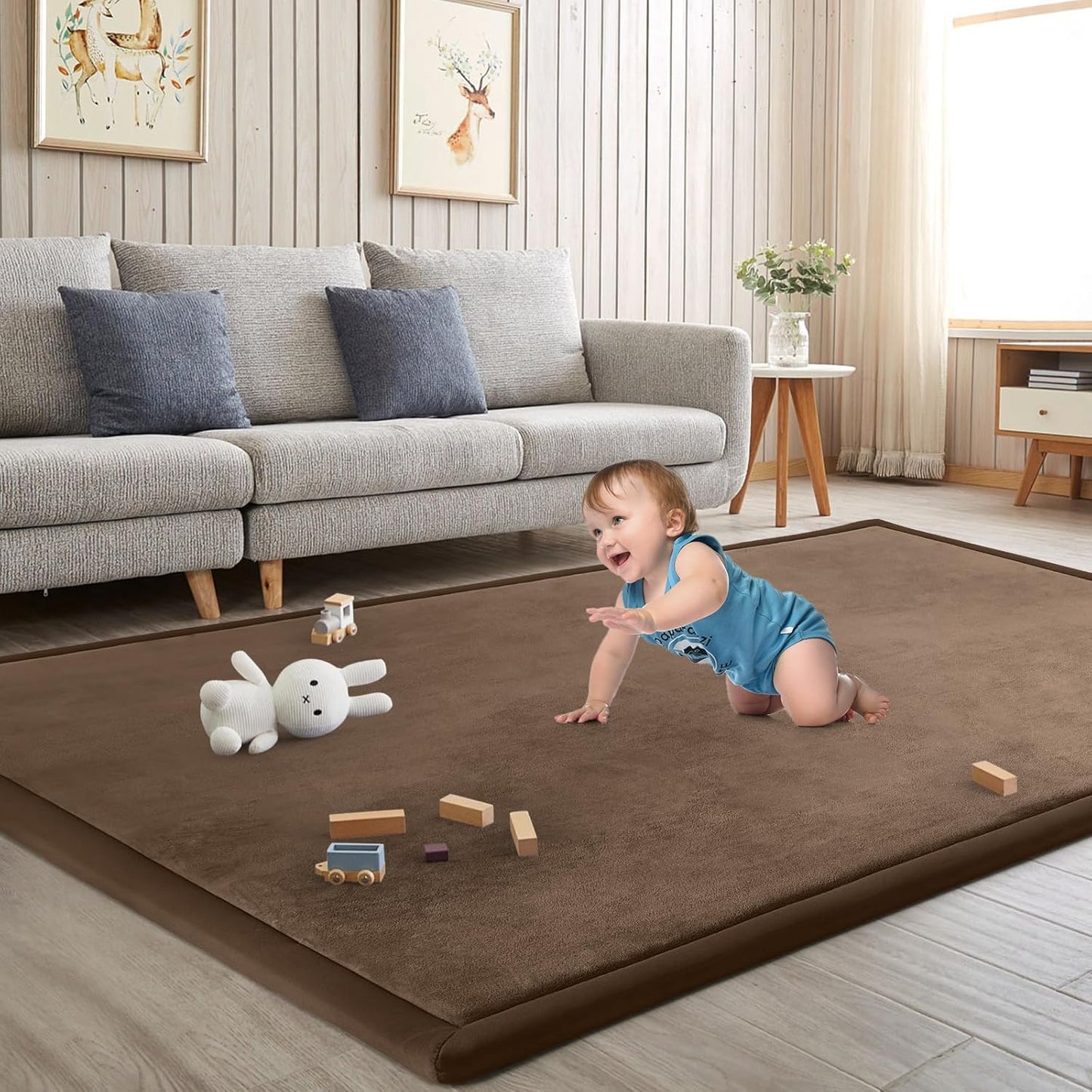 Baby Play Mat for Floor Tummy Time Mat Nursery Rug Muscle Mat Area Rug Playroom Rug Tatami Mat 6'7"x5'11" Memory Foam 1.3" Thick Crawling Mat For Babies,Toddlers, Infants, Kids Floor Mat,Coffee