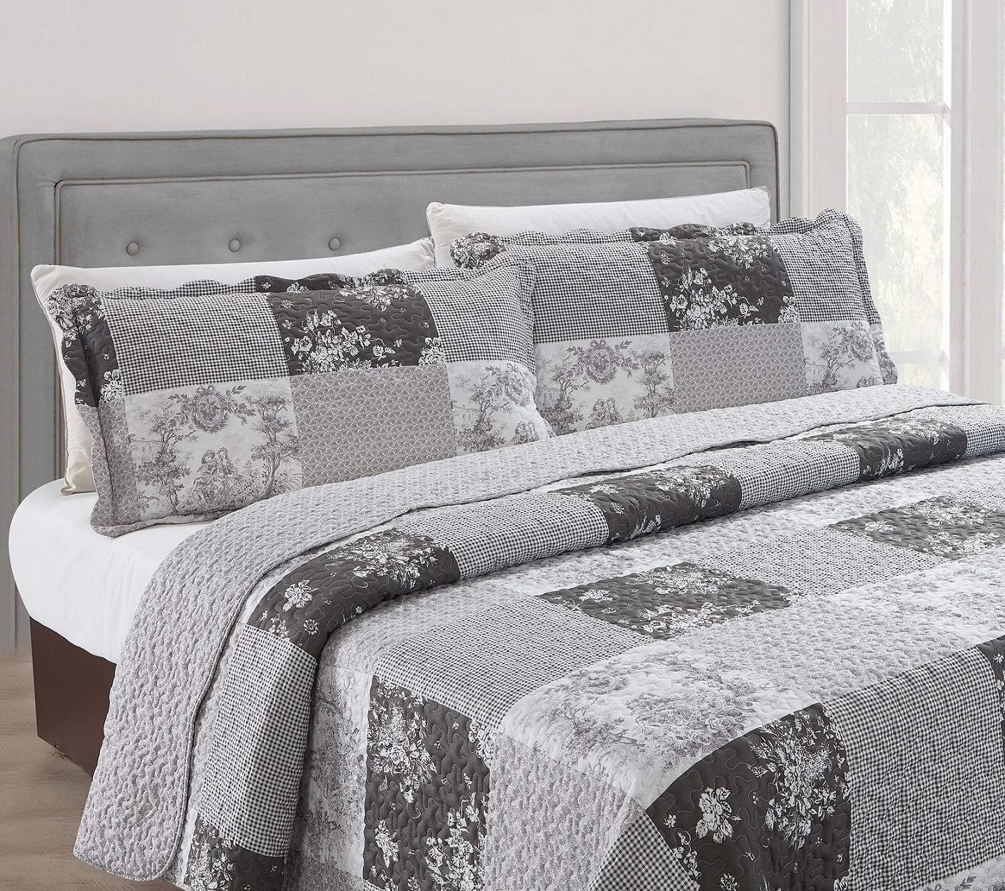 Brilliant Sunshine Grey Toile Floral Patchwork, 3-Piece Quilt Set with 2 Shams, Reversible Bedspread, Soft Lightweight Coverlet, All-Season, King, Grey