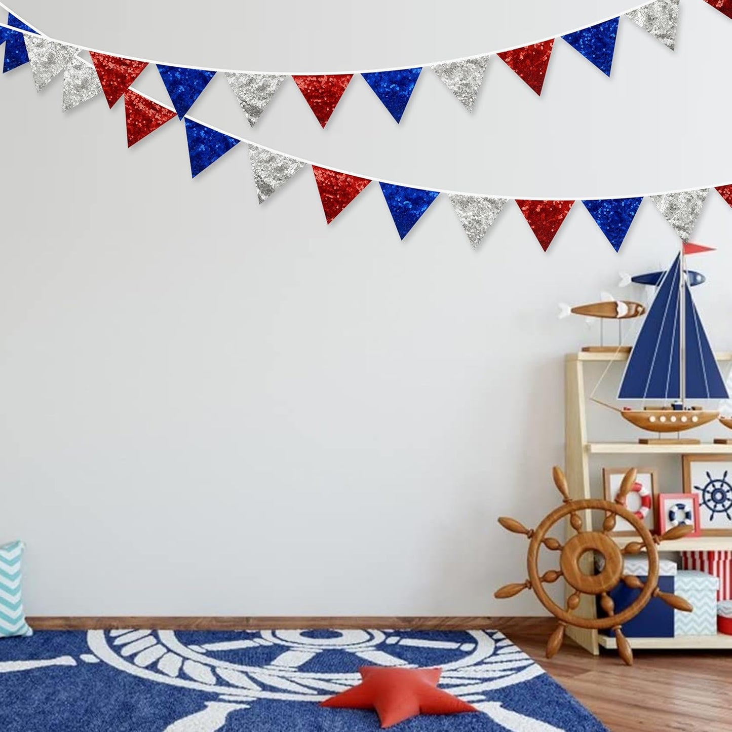 pinkblume Red Blue Silver Decorations Double Sided Sequin Fabric Triangle Pennant Banner Flag Bunting Garland for Nursery Classroom Home Bedroom Wall 4th of July American Veterans USA Holiday Decor