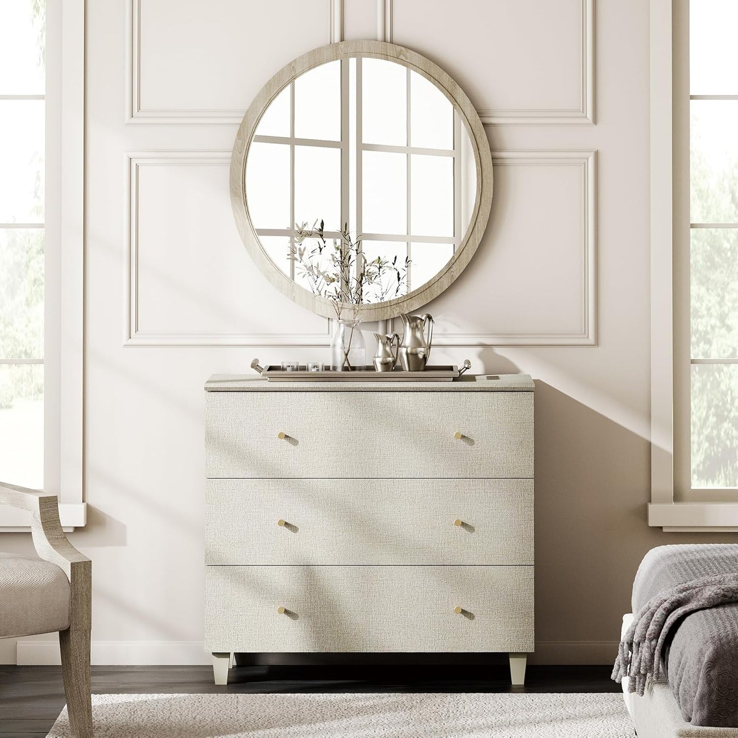 WAMPAT Bedroom Dresser with 3 Drawers, 35.4" Wide Wood Kids Dressers, Chest of Drawers, Modern Closet Organizer Bachelors Chest w/Solid Wood Legs for Living Room, Baby Room, Nursery, Beige