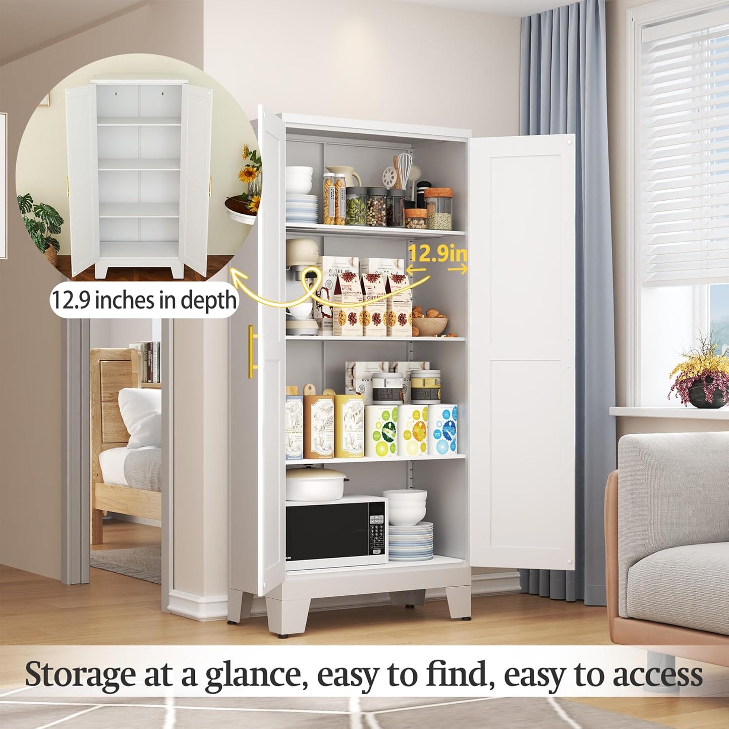 White Metal Storage Cabinet, 61" Steel Cabinets for Home Office, Kitchen Pantry Storage Cabinet with Doors and 3 Adjustable Shelves, Tool Cabinet, for Office, Home, Garage, School