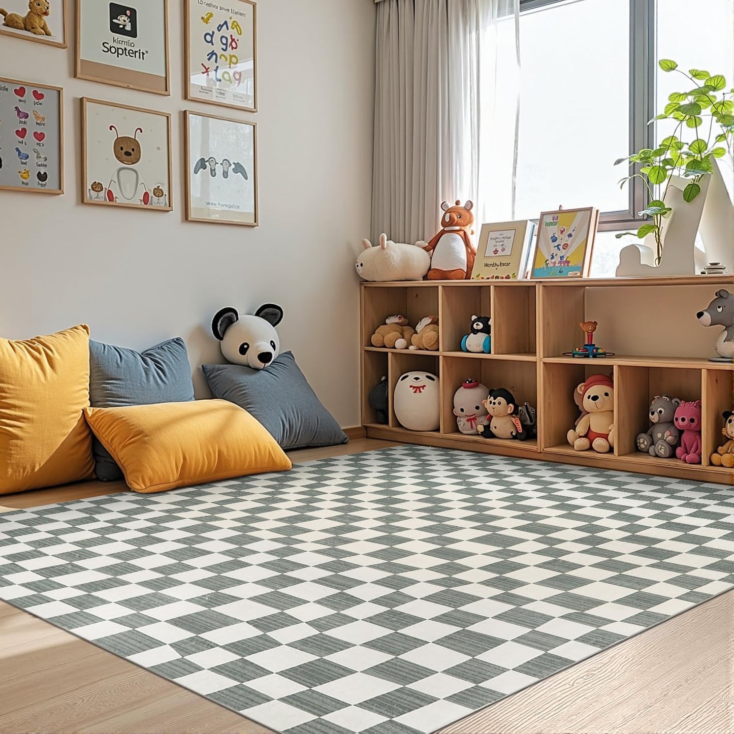 jinchan 4x6 Checkered Area Rugs for Kids Room - Machine Washable Soft Rug Modern Geometric Lattice Non-Slip Carpet for Nursery Playroom Bedroom Entryway Living Room Dining Room Home Office Grey