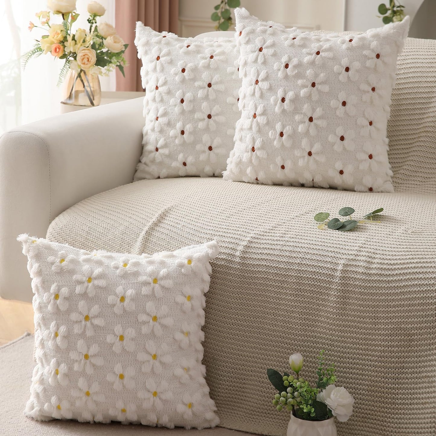 DFXSZ Spring Summer Pillow Covers 20x20 inch Set of 2 Farmhouse Decor Yellow Flower Heart Daisy Soft Plush Faux Fur Jacquard Throw Pillows for Bedroom Sofa Holiday Spring Summer Home Decor PTK024A20