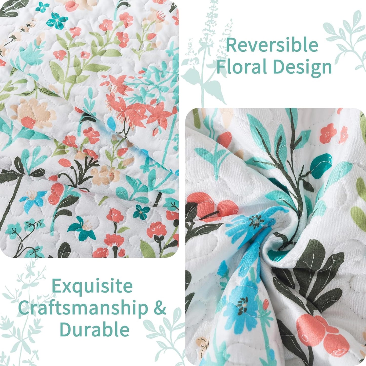 VAPUTAR Queen Quilt Bedding Set-3 Pieces Botanical Quilt Queen Size (90 x 98 inch), Reversible Queen Coverlet with Garden Style Floral Pattern, Bedspread Queen Size Suitalble for All Season.