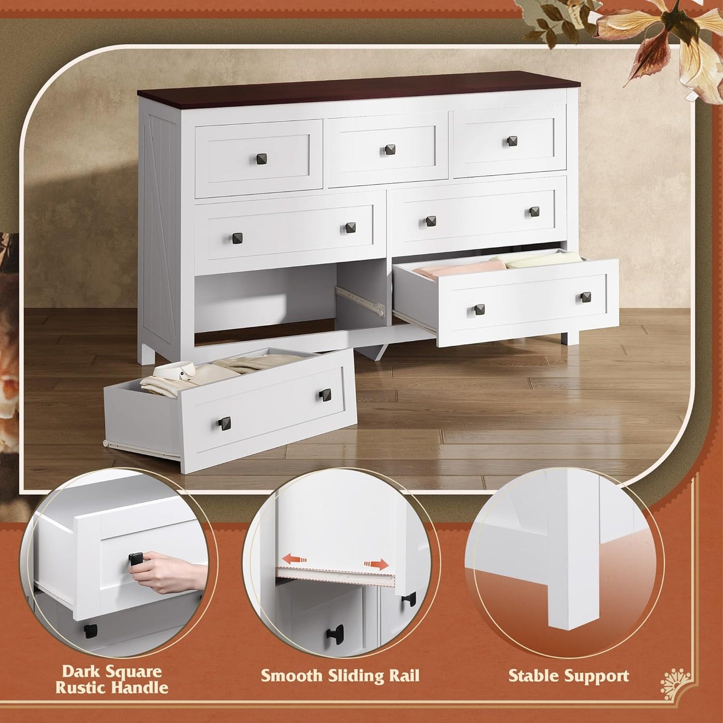 WLIVE Farmhouse Dresser for Bedroom, 51.18'' Wide 7 Drawer Wood Dresser, White TV Stand for 65 inch TV, Wooden Chest of Drawers for Bedroom, Modern Clothes Organizer for Living Room, Hallway