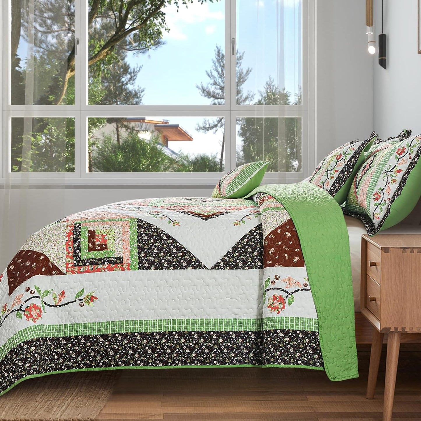 VAPUTAR Quilt Queen Size Bedding Set - Farmhouse Queen Size Bedspread Set for All Season, Lightweight Reversible Coverlet Quilt for Bedroom (90 × 98 Inch), Green