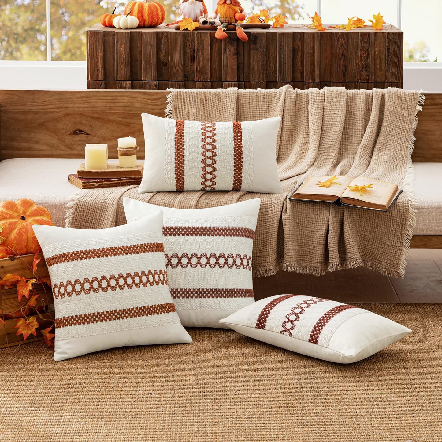 MIULEE Set of 2 Burnt Orange Fall Decorative Pillow Covers 18x18 Inch Farmhouse Rustic Boho Couch Throw Pillows Modern Cotton Cushion Covers Retro Cute Macrame Woven Home Decor for Bed Sofa Chair