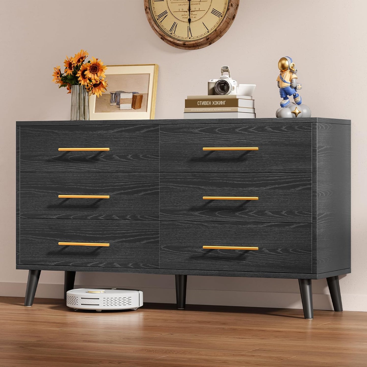 Aiho 6 Drawer Dresser for Bedroom, Chest of Drawers with Metal Handles, Wood Storage Modern Dresser for Nursery, Living Room, Entryway, Black