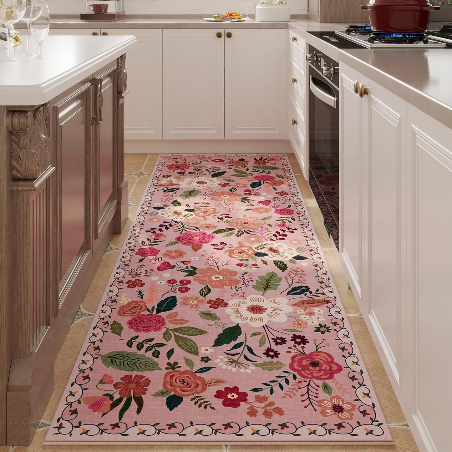 Runner Rug for Hallways Kitchen Rug Non Slip 2'x 6' Washable Rugs with Rubber Backing Soft Floral Carpet Runner for Hallways, Kitchen, Laundry, Bedroom, Bathroom(Pink)