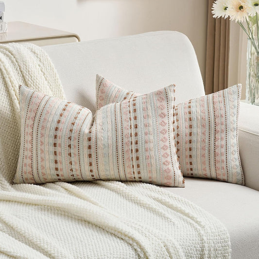 FUTEI Pink Blue Decorative Throw Pillow Covers 12x20 Inch Set of 2,Soft Cozy Chenille Jacquard Textured Pillow Case,Boho Home Decor for Couch Bed Living Room