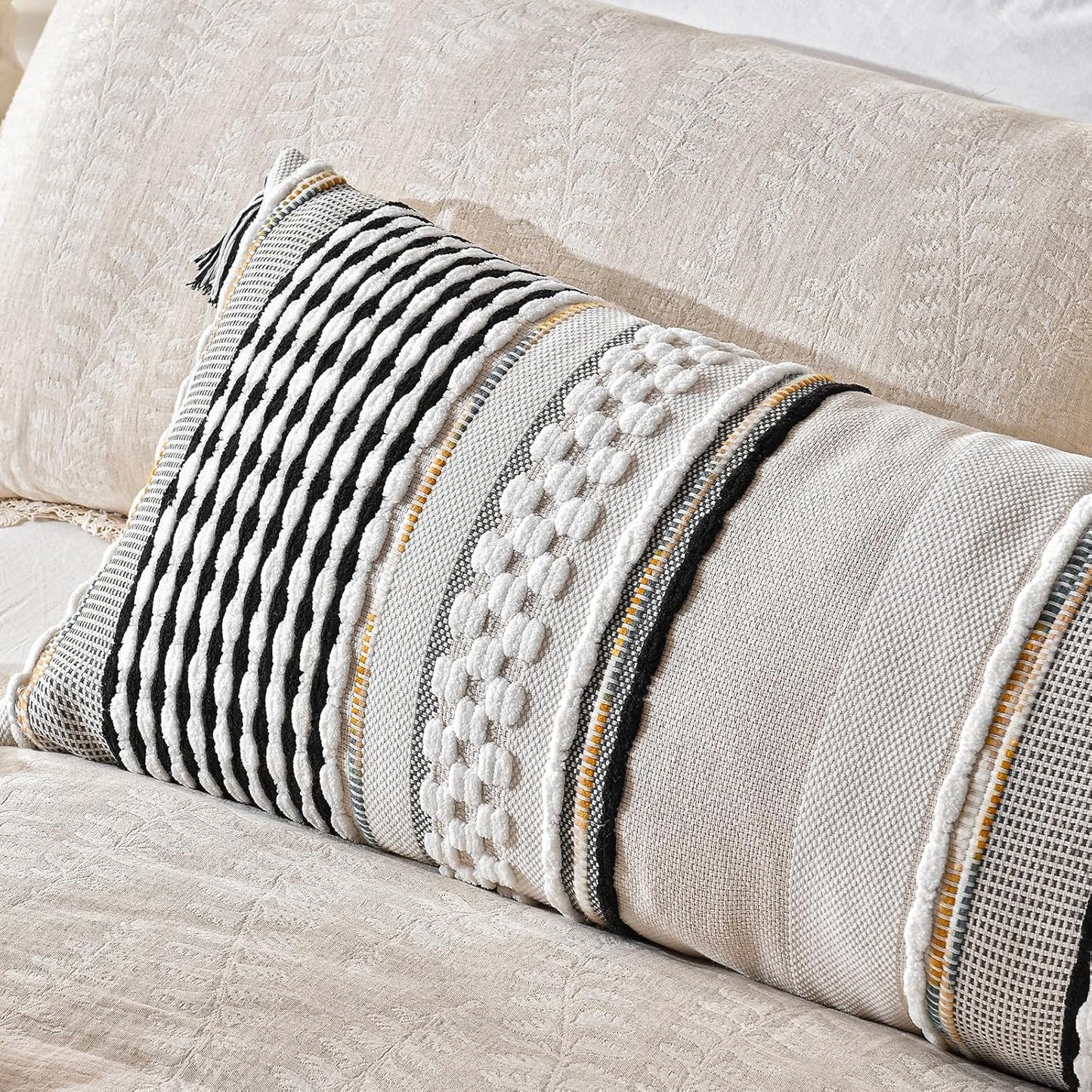 AmHoo Chenille Striped Textured Boho Throw Pillow Covers Aesthetic with Tassels Woven Decorative Pillow Case for Couch Bed Sofa Bedroom Modern Funky 14 x 36-Inch Black