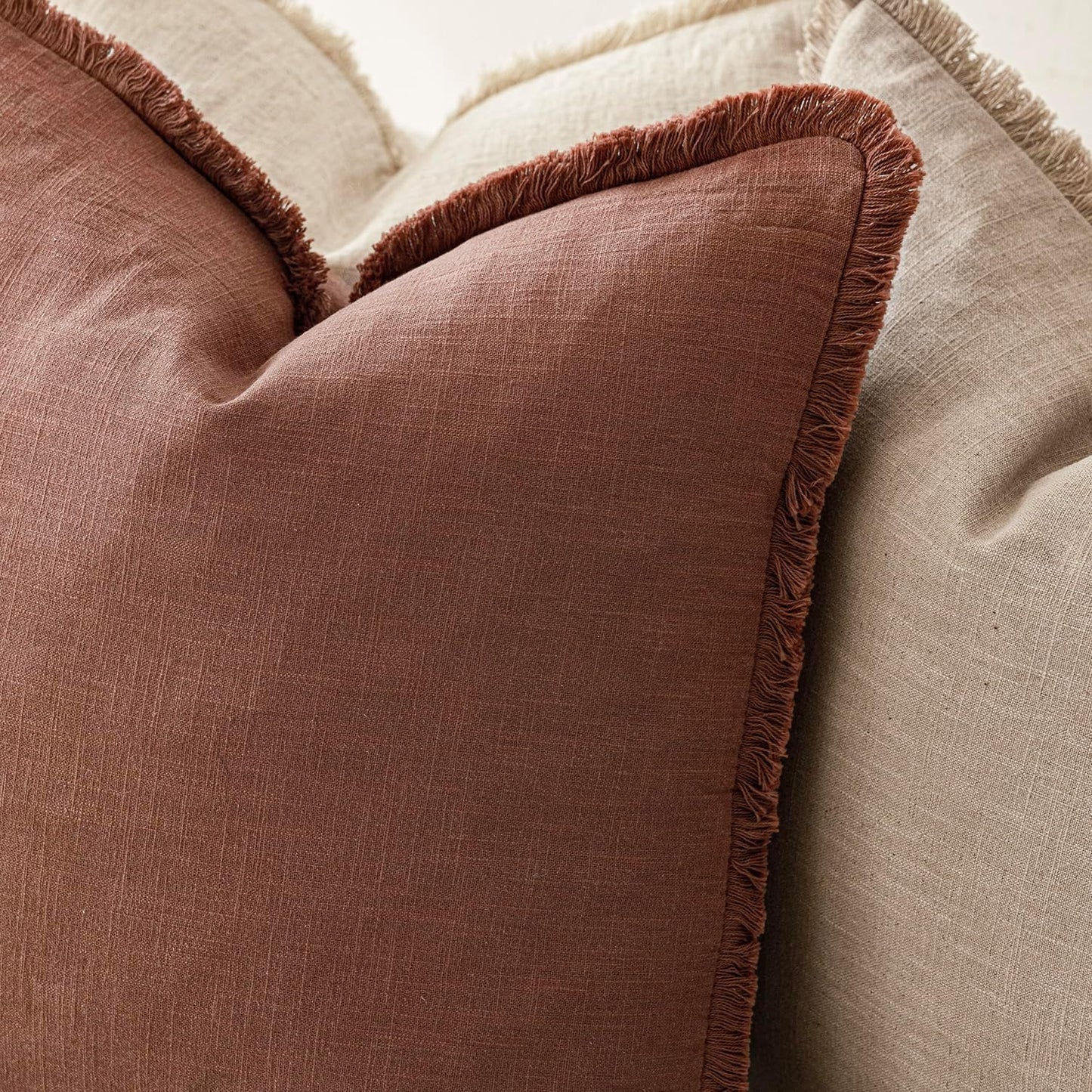 Foindtower Set of 2 Decorative Linen Fringe Throw Pillow Covers Boho Farmhouse Cushion Cover with Tassels Soft Accent Pillowcase for Couch Chair Sofa Bed Living Room Home Decor,24×24 Inch,Rust Red