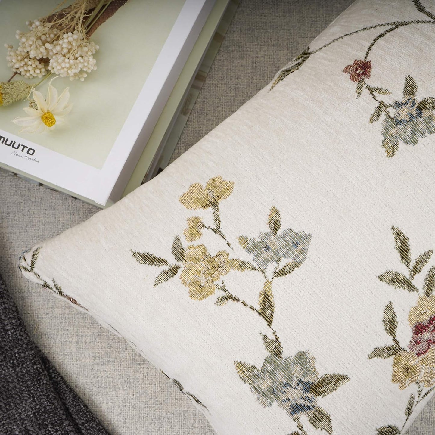 YOUR SMILE Classical Embroidery Jacquard Farmhouse Oblong Rectangle Chenille Beige Floral Pattern Decorative Throw Pillow Case,12x20 inch