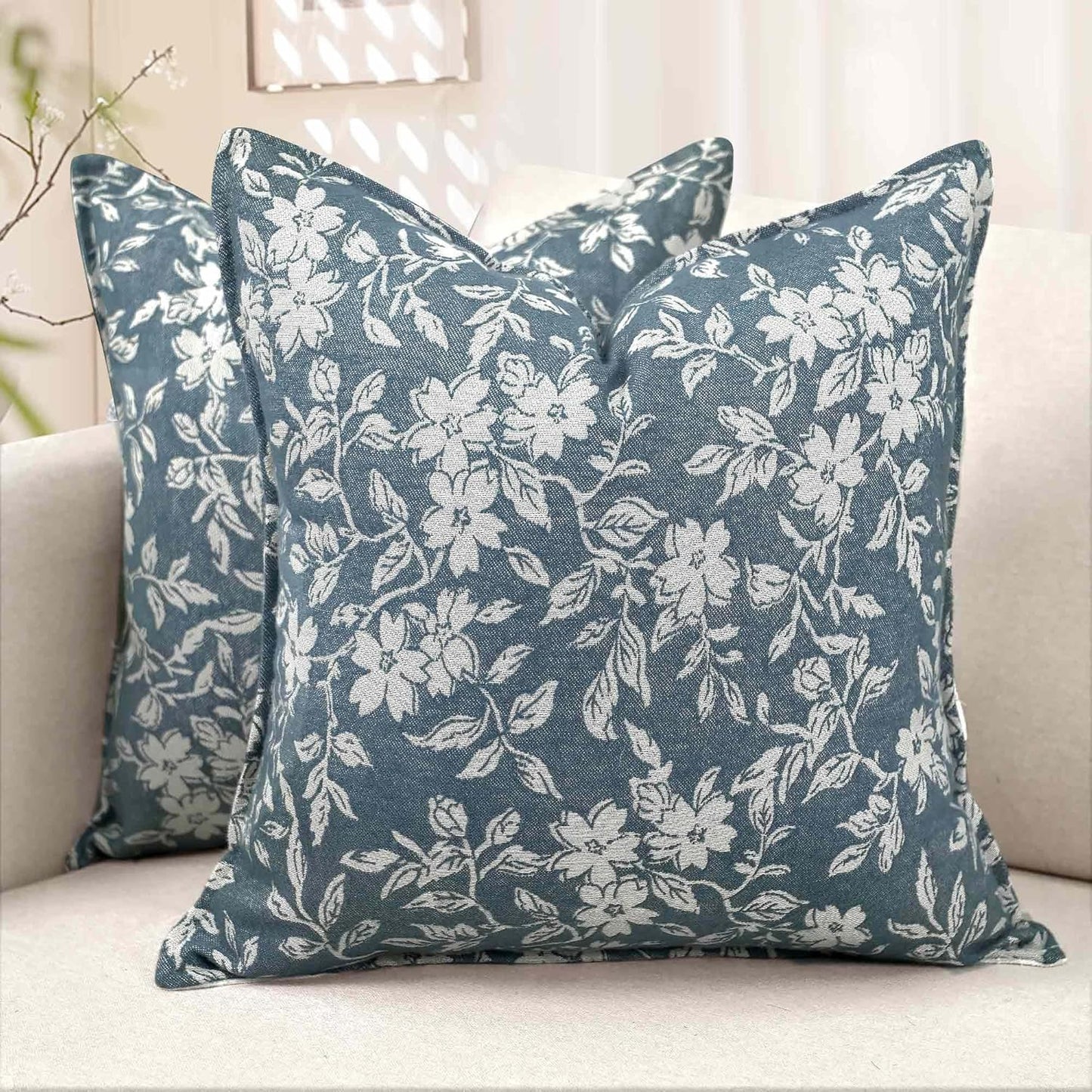 makkey Floral Pillow Covers 20x20 Inch Set of 2 Pastoral Throw Pillow Covers Jacquard Pillowcovers Couch Pillows for Living Room Farmhouse Accent Sofa Pillows