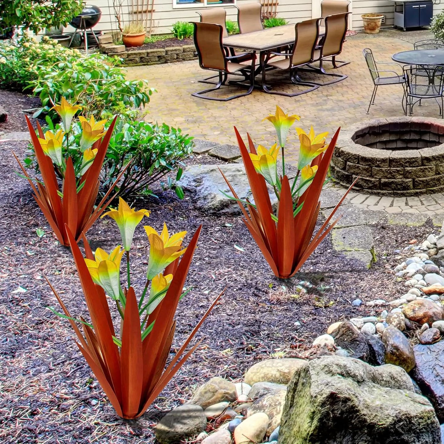 Homight Metal Agave Plant Outdoor Decoration, 3 Big Yellow Lilies, HM-390-345