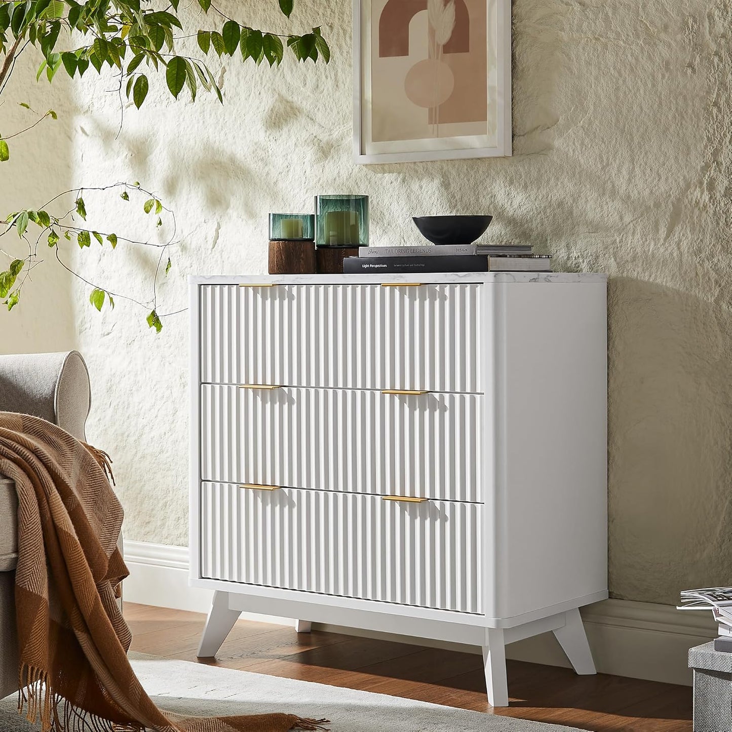 T4TREAM 32" Tall Fluted Nightstand, Modern Side Table with Faux Marble Top, 3 Drawers End Table w/Storage, Bedside Table for Bedroom, Living Room, Curved Profile Design, Solid White