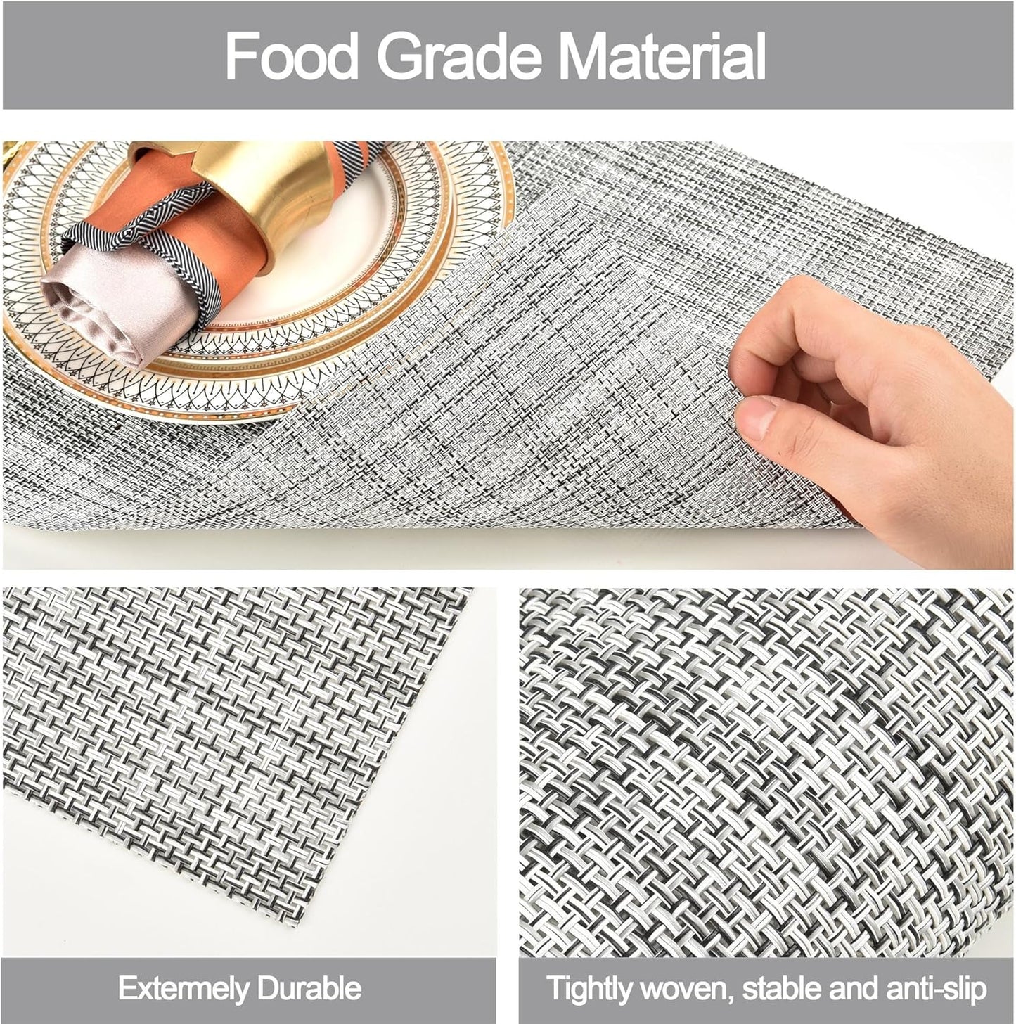 Placemats Set of 8 - Easy Clean Washable Vinyl Placemats - Wipeable Heat Resistant Table Mats for Dining Table - 17.7x11.8 Inch (8, Black & White Two-Tone)