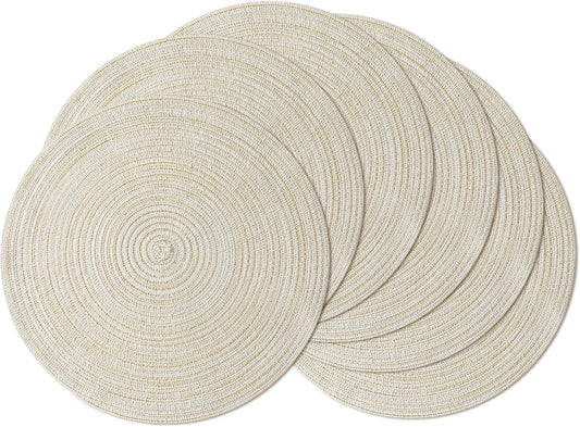Leetaltree Round Placemats Heat and Slip Resistant Cotton Table Mats, Washable Bohemian Placemats for Dining Tables (White Beige, Set of 6)