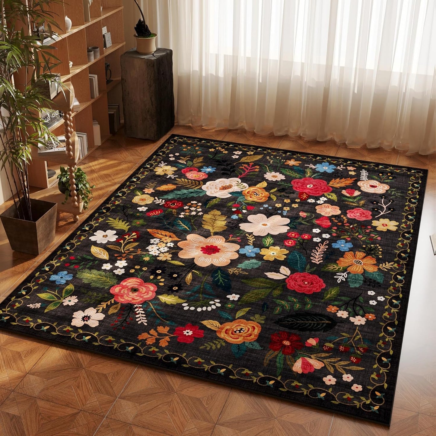 Bedroom Rug 3x5 Rug Washable Area Rug Non Slip Low Pile Boho Floral Small Carpet for Bedroom, Bedside, Kitchen, Entryway, Kids Room, Office, College Dorm Essentials for Girls(Black)
