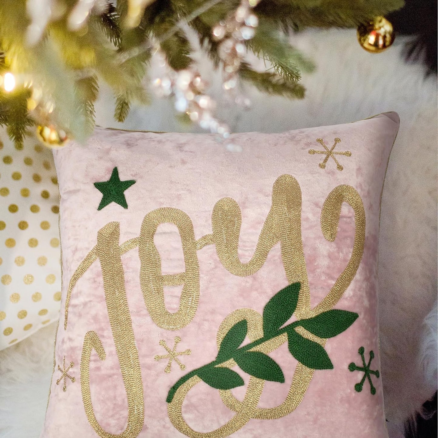 Joy Christmas Pillow Covers 18x18,Embroidered Christmas Throw Pillow Covers Christmas Decorations Holiday Pillows for Home Couch,Pink Blush Gold Velvet Cushion